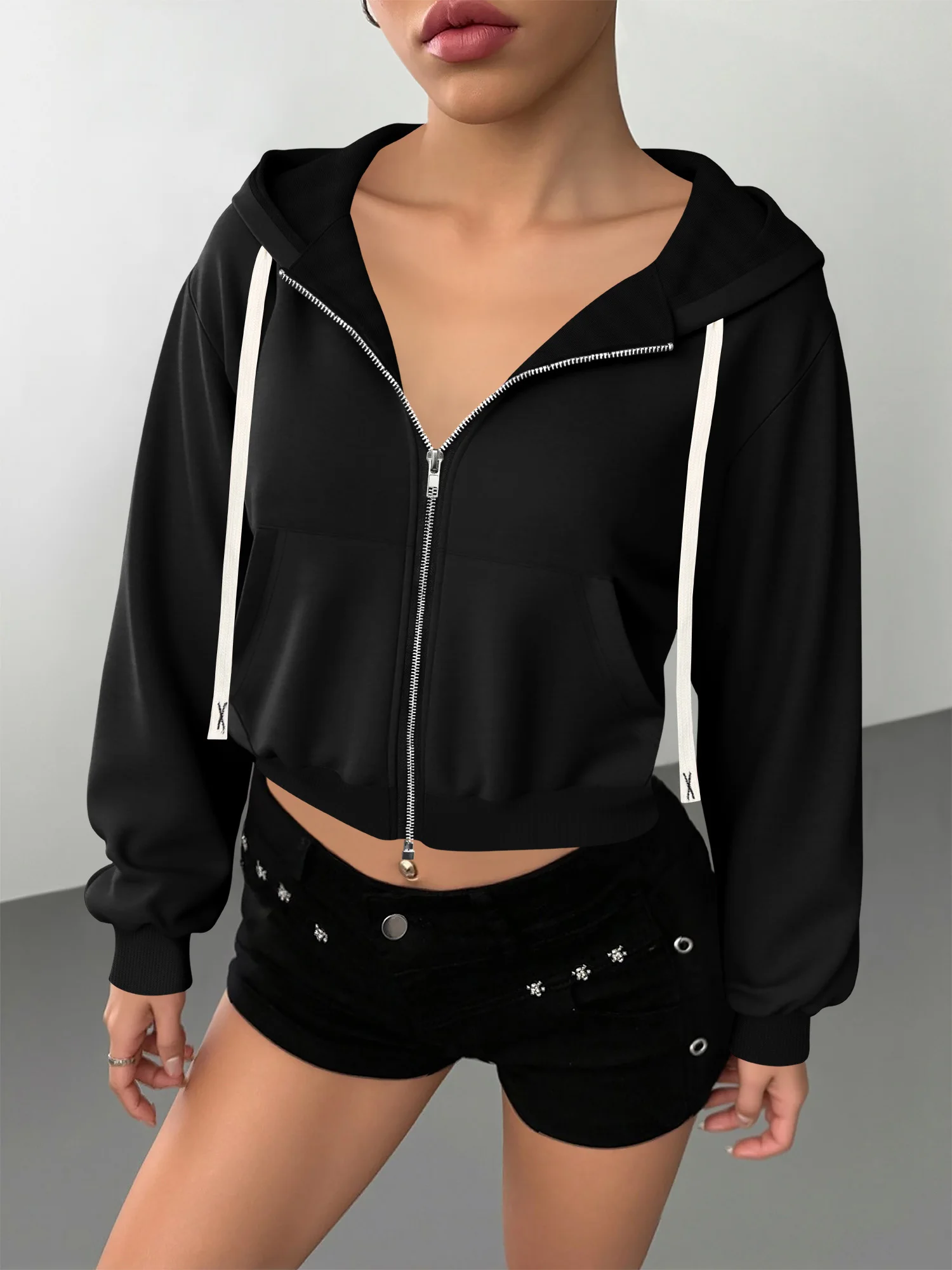 Women Solid Color Cropped Hooded Zip Jacket, Long Sleeve Sweatshirt With Pockets, Drawstring Casual Streetwear
Women Solid Color Cropped Hooded Zip Jacket, Long Sleeve Sweatshirt With Pockets, Drawstring Casual Streetwear