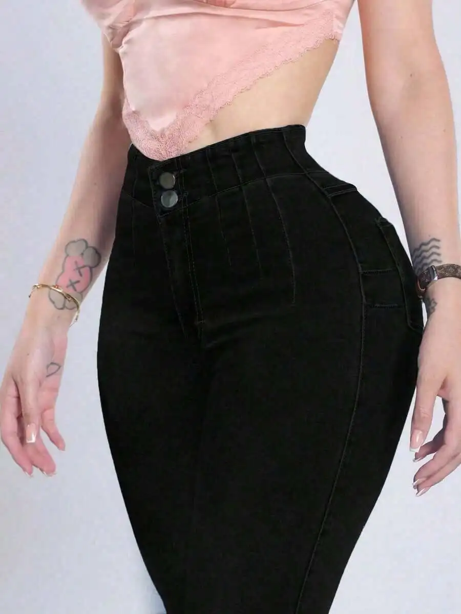 High Waisted Black Skinny Jeans For Women, Stretch Denim Trousers, Button And Zipper Fly
High Waisted Black Skinny Jeans For Women, Stretch Denim Trousers, Button And Zipper Fly