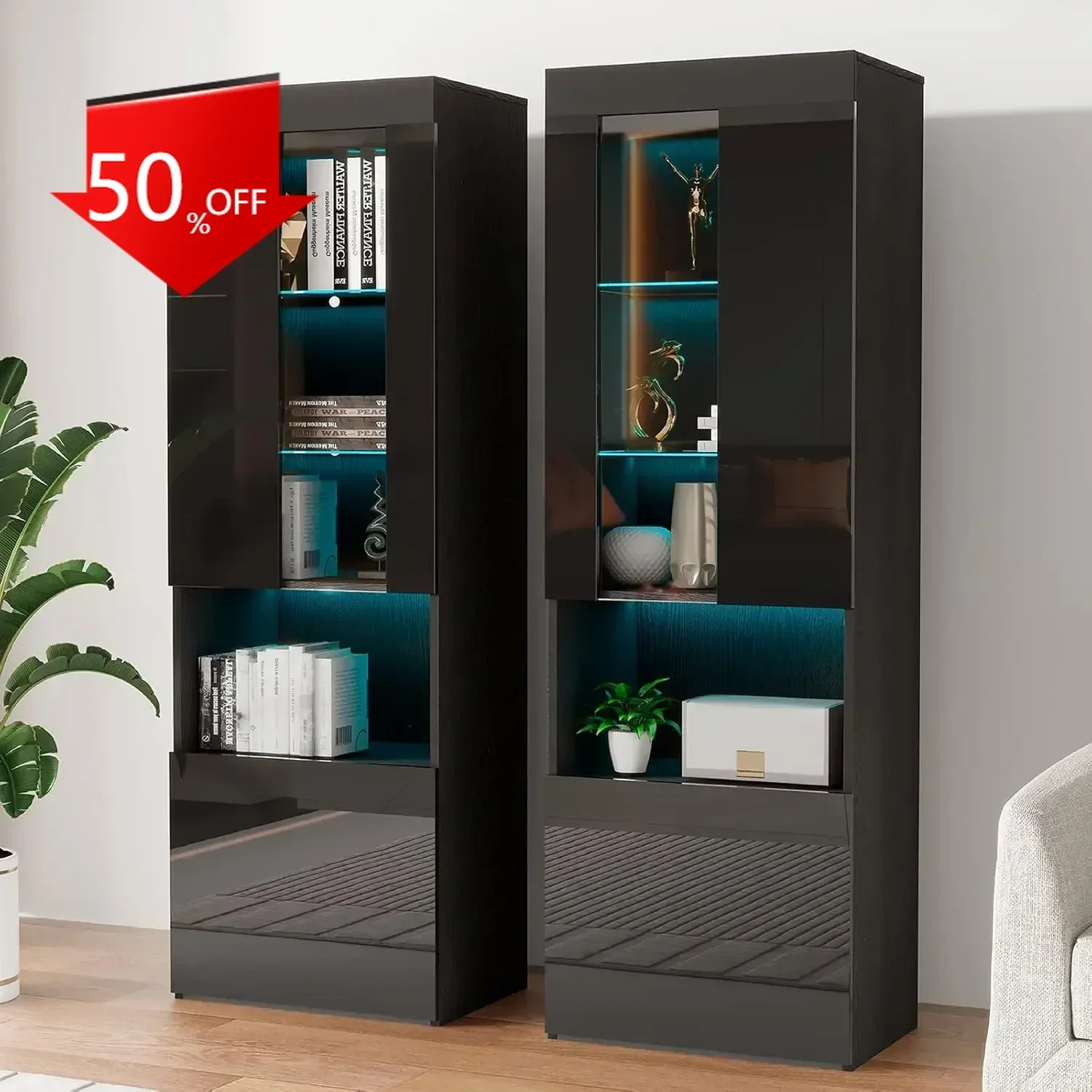 2 Piece 71in Tall Bookcase Storage Cabinet with Glass Doors, Modern High Gloss LED Bookshelf Display with 5 Tiers, Black
2 Piece 71in Tall Bookcase Storage Cabinet with Glass Doors, Modern High Gloss LED Bookshelf Display with 5 Tiers, Black