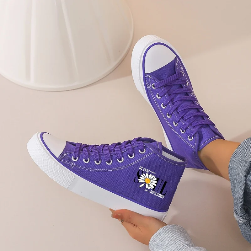 Women's Purple High-Top Canvas Sneakers: Platform Sole, Lace-Up with Daisy & Letter Print. Casual for School & Daily Outfits.
Women's Purple High-Top Canvas Sneakers: Platform Sole, Lace-Up with Daisy & Letter Print. Casual for School & Daily Outfits.