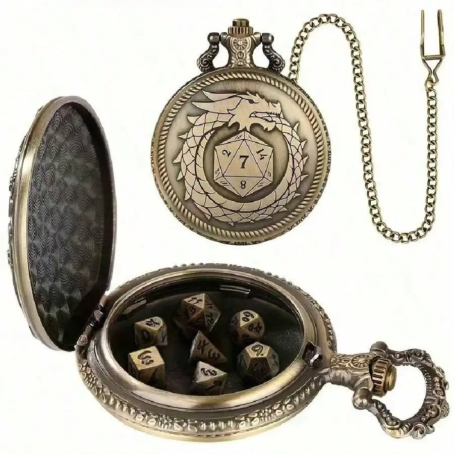 Retro Dragon Pattern Pocket Watch Box With Thick Chain 7Pcs Table Game Dice Alloy Magnetic Storage Case Casual Party Game
Retro Dragon Pattern Pocket Watch Box With Thick Chain 7Pcs Table Game Dice Alloy Magnetic Storage Case Casual Party Game