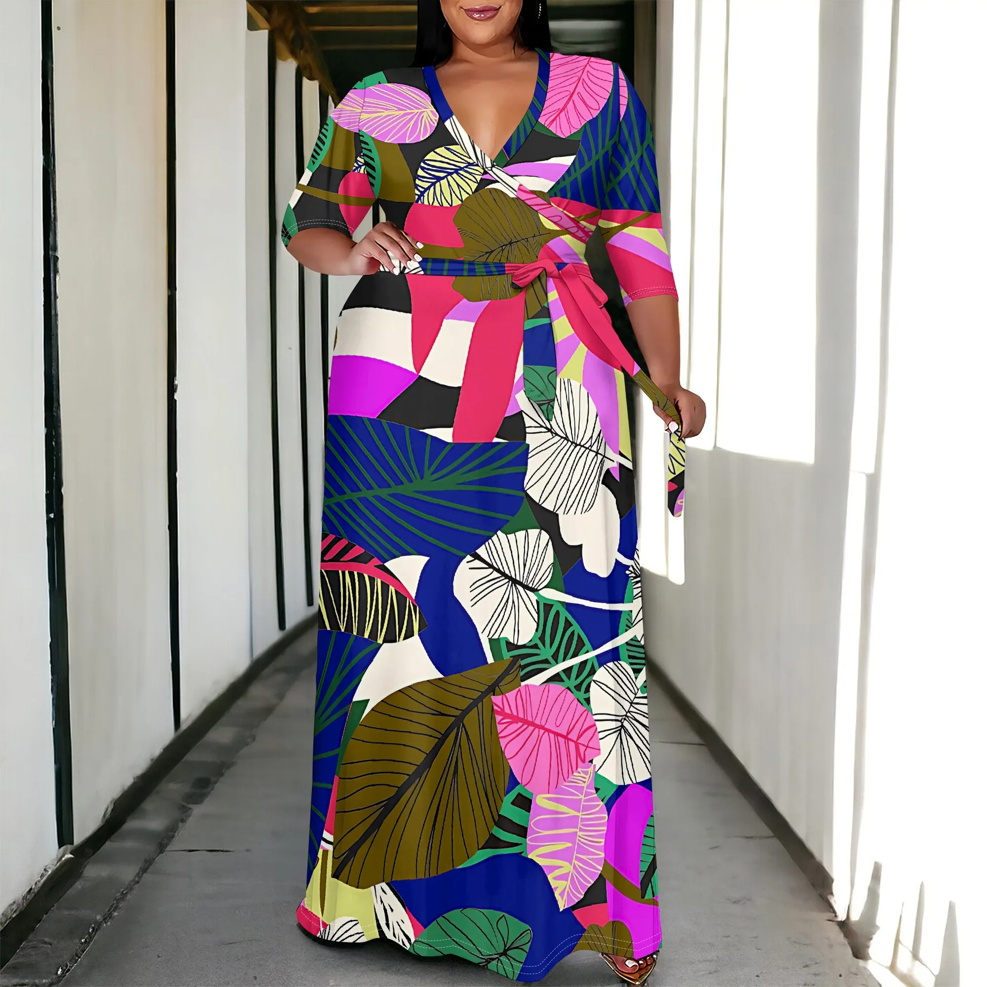 Plus Size Women's 3/4 Sleeve V Neck Women With Pocket and Bel Long Dress Fashion Printed Split Hem Club Party Casual Maxi Dress
Plus Size Women's 3/4 Sleeve V Neck Women With Pocket and Bel Long Dress Fashion Printed Split Hem Club Party Casual Maxi Dress