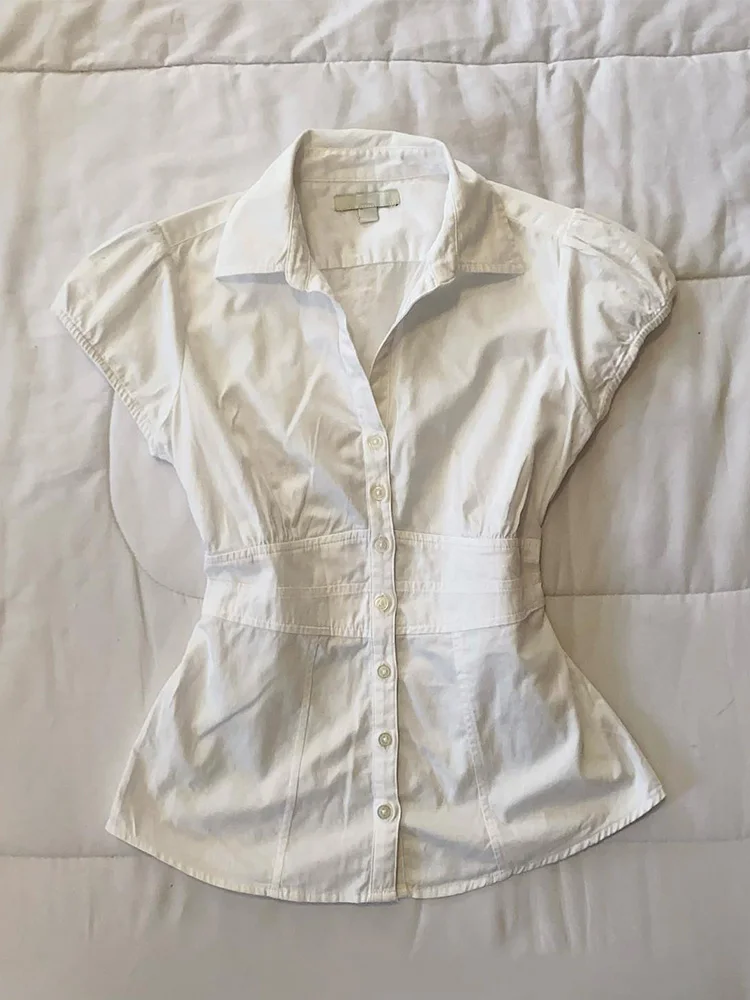 Slimming Effect White Short Sleeve Shirt Waist Cinched Vintage Style Summer Design Half Sleep Girl Original Cotton Business C...
Slimming Effect White Short Sleeve Shirt Waist Cinched Vintage Style Summer Design Half Sleep Girl Original Cotton Business C...