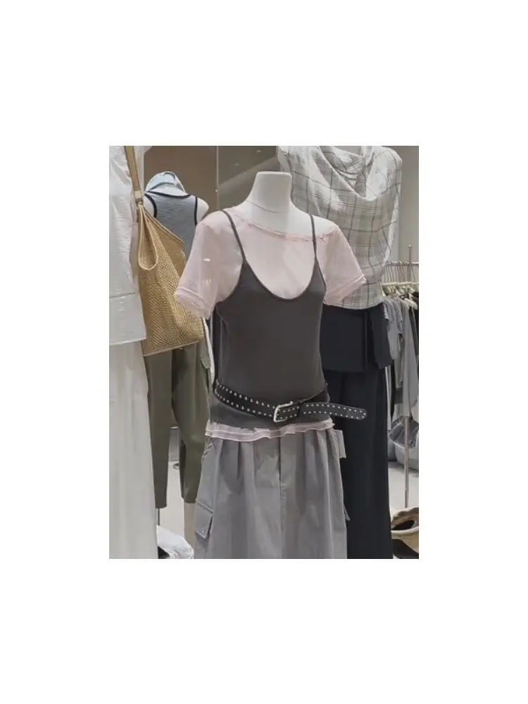 Korean Style Summer Gentle Sweet Strap Vest Women's Pink See-through Short Sleeve T-shirt Layered Two-piece Set
Korean Style Summer Gentle Sweet Strap Vest Women's Pink See-through Short Sleeve T-shirt Layered Two-piece Set
