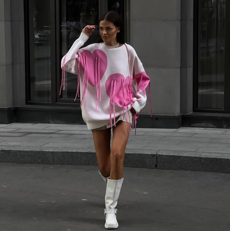 2024 Casual Loose Heart Tassel Sweater Women's Autumn And Winter New Print Round Neck Fashionable Pullover Top Knitted Sweater
2024 Casual Loose Heart Tassel Sweater Women's Autumn And Winter New Print Round Neck Fashionable Pullover Top Knitted Sweater