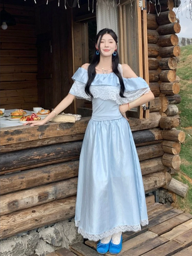 Blue lace patchwork temperament set for women's summer 2025 new style elegant fashion ruffled short sleeved top and skirt
Blue lace patchwork temperament set for women's summer 2025 new style elegant fashion ruffled short sleeved top and skirt