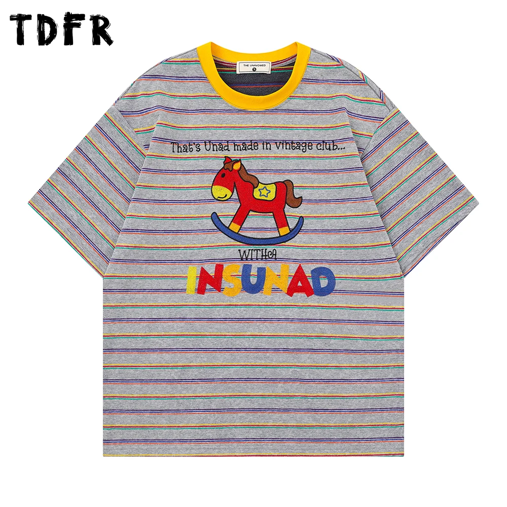 Cartoon Embroidery Striped Short Sleeve T-shirt Mens Summer Retro Spliced Crew Neck Half-Sleeve Loose Tee Man Tshirt
Cartoon Embroidery Striped Short Sleeve T-shirt Mens Summer Retro Spliced Crew Neck Half-Sleeve Loose Tee Man Tshirt