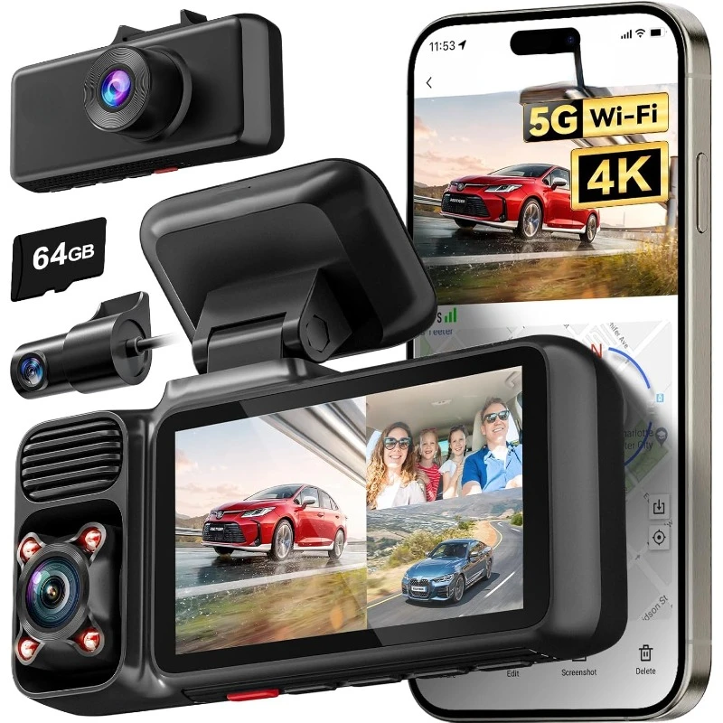 4K 3 Channel Dash Cam 5G WiFi Built-in GPS with 64GB Card, 2160P+1080P+1080P Front and Rear Inside Loop Recording,
4K 3 Channel Dash Cam 5G WiFi Built-in GPS with 64GB Card, 2160P+1080P+1080P Front and Rear Inside Loop Recording,