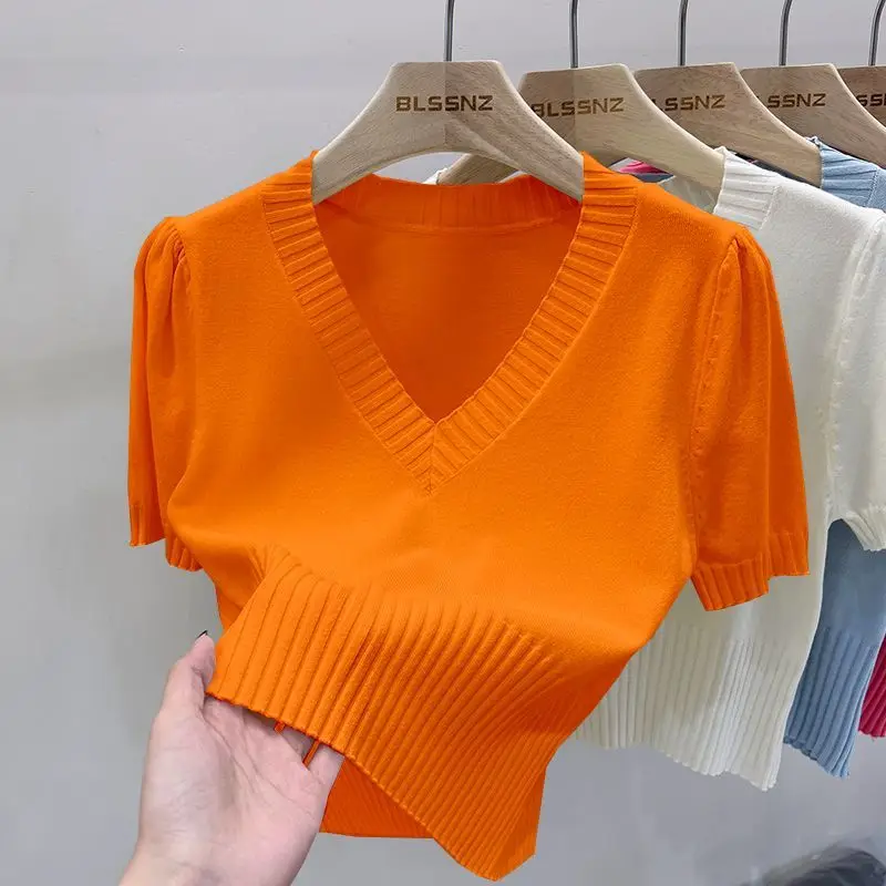 Cropped Deep V Neck Short Sleeve Knit Top Women Collarbone Showing Niche Design Casual Spring Pullover Shirt
Cropped Deep V Neck Short Sleeve Knit Top Women Collarbone Showing Niche Design Casual Spring Pullover Shirt