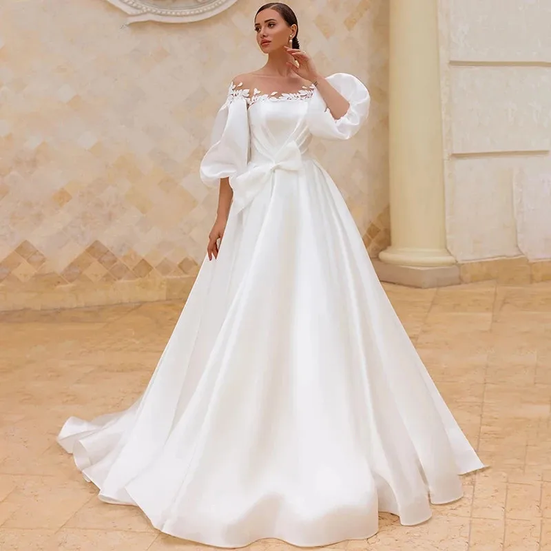 Plus Size Simple Satin Puff Sleeves Lace Appliqued Wedding Dresses A-Line Bridal Gown Beach Princess vestido de novia Customised
Plus Size Simple Satin Puff Sleeves Lace Appliqued Wedding Dresses A-Line Bridal Gown Beach Princess vestido de novia Customised
