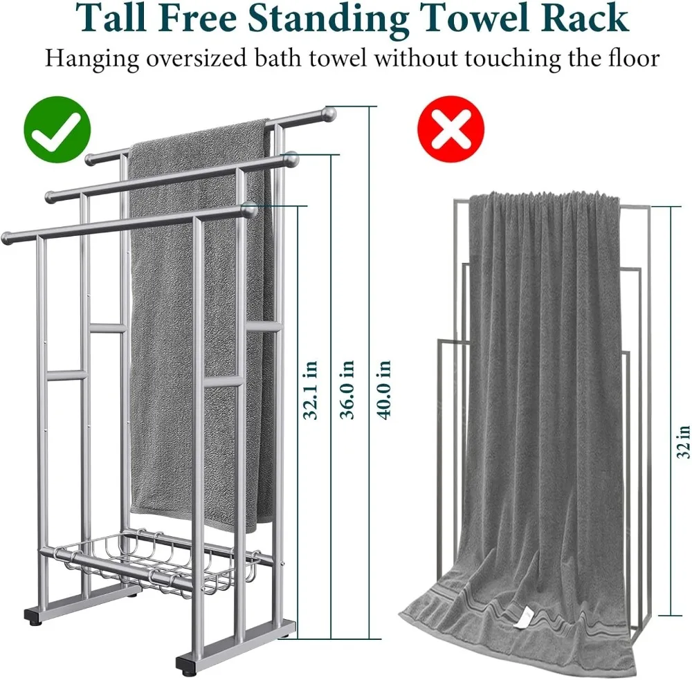 40" Tall Freestanding 3-Tier Towel Rack with Storage Basket, Blanket Ladder for Bathroom & Poolside (Silver)
40" Tall Freestanding 3-Tier Towel Rack with Storage Basket, Blanket Ladder for Bathroom & Poolside (Silver)