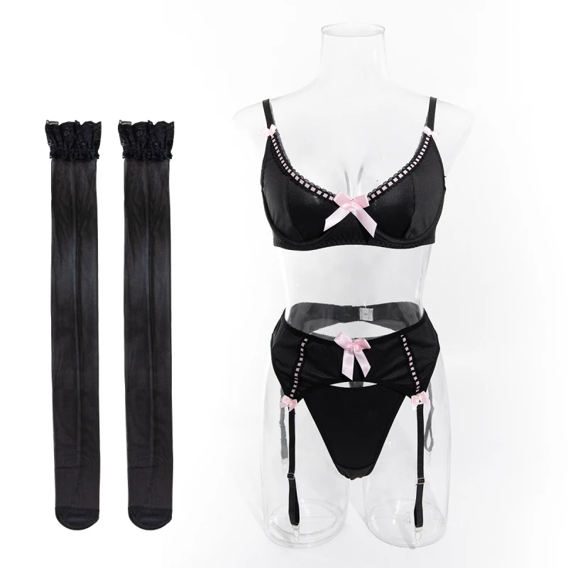 Bikini sexy lingerie thin bra thong four-piece set with stockings
Bikini sexy lingerie thin bra thong four-piece set with stockings