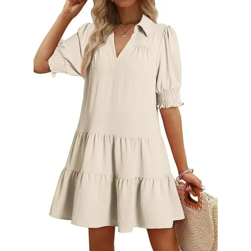 Summer Women Lapel Pleated Solid Color Short Dress, Casual and Loose Office Commuting Women Clothing 2025 Fashion Streetwear
Summer Women Lapel Pleated Solid Color Short Dress, Casual and Loose Office Commuting Women Clothing 2025 Fashion Streetwear