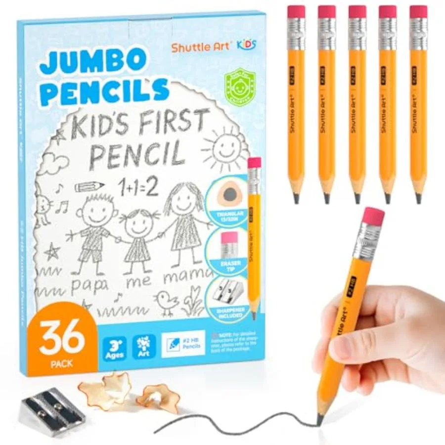 Jumbo Pencils - 36 Pack Triangle Pre sharpened Pencils #2 HB with Top Erasers and Sharpener, for Ages 4-6, Kdergarten School Su
Jumbo Pencils - 36 Pack Triangle Pre sharpened Pencils #2 HB with Top Erasers and Sharpener, for Ages 4-6, Kdergarten School Su