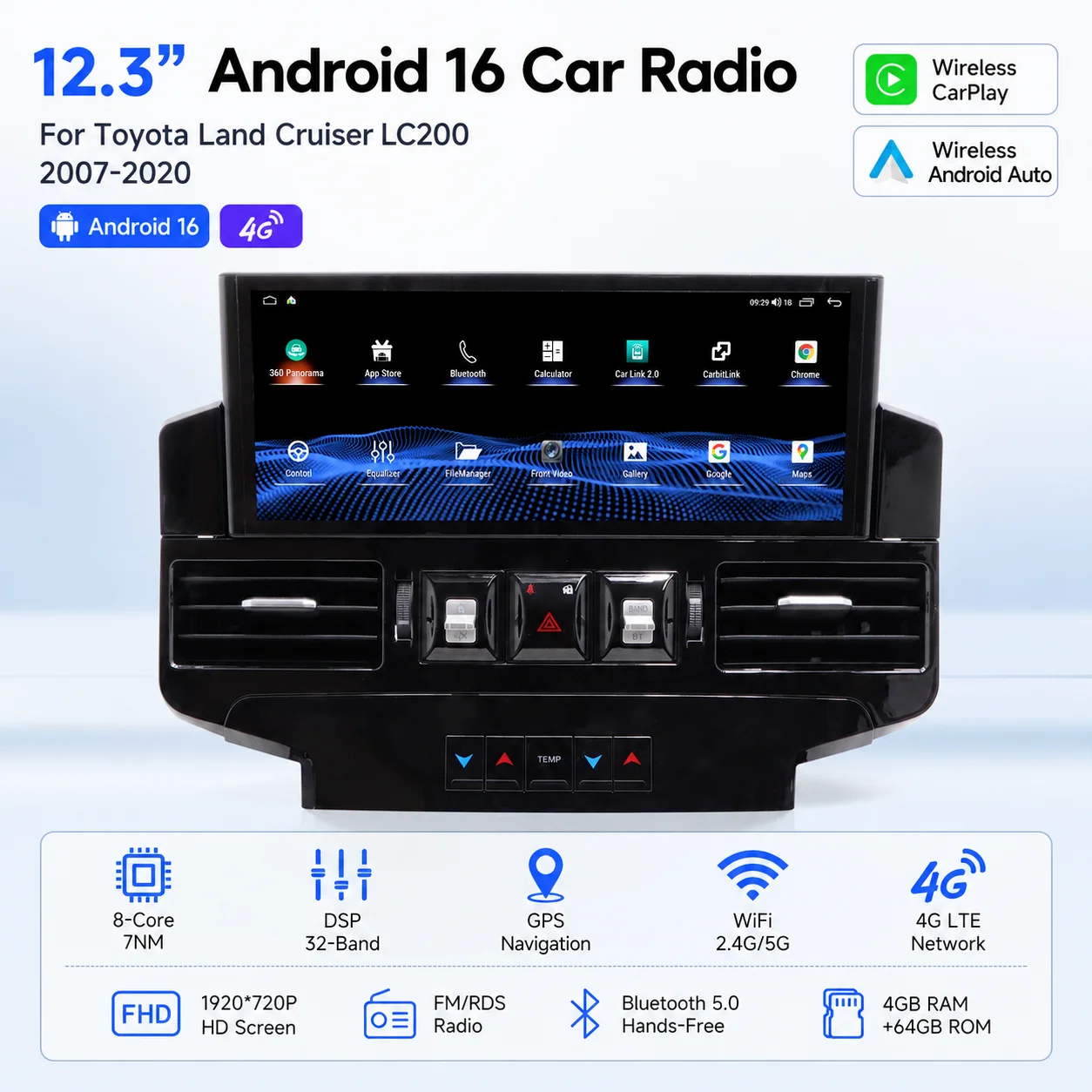 12.3" Android 16 Car Radio For Toyota Land Cruiser LC200 2007-2020 Wireless CarPlay GPS Navigation DSP 4G WiFi Multimedia Unit
12.3" Android 16 Car Radio For Toyota Land Cruiser LC200 2007-2020 Wireless CarPlay GPS Navigation DSP 4G WiFi Multimedia Unit