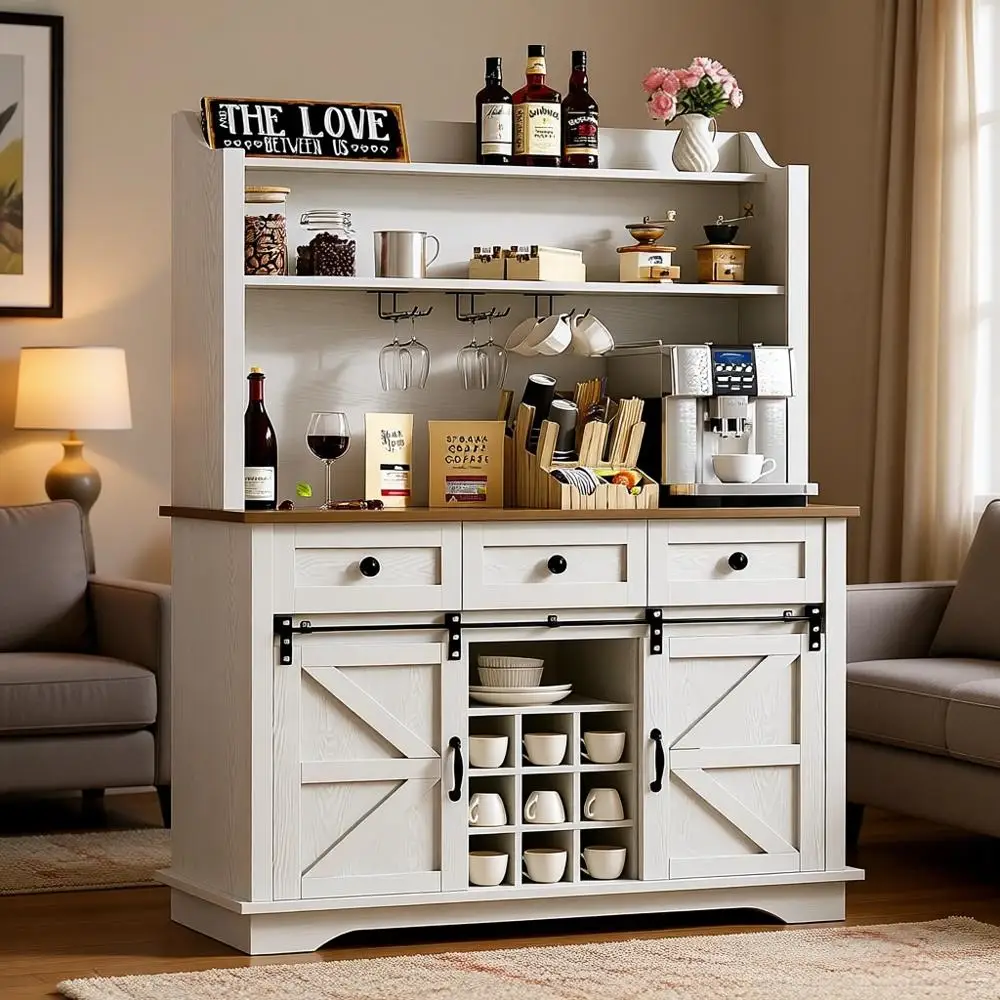 63 Tall 3-Tier Coffee Bar Cabinet, Kitchen Hutch with 3 Drawers, 9-Rack Wine Storage with 3 Glass Holders, White
63 Tall 3-Tier Coffee Bar Cabinet, Kitchen Hutch with 3 Drawers, 9-Rack Wine Storage with 3 Glass Holders, White