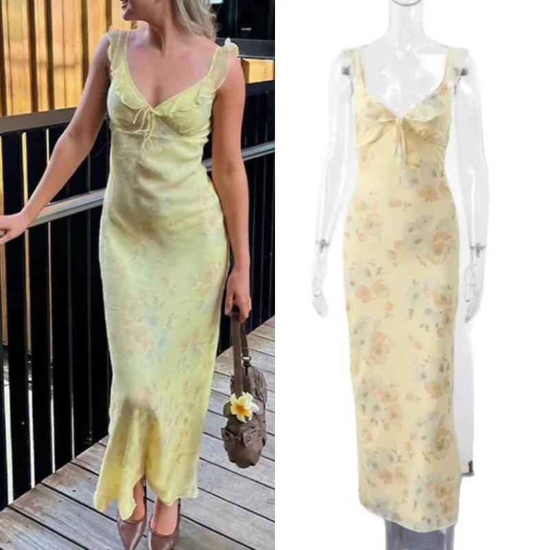 Printed Ruffle Edge Dresses Women Summer French Bohemian Sweet Low Cut Yellow A-line Camisole Dress Vacation Beach Dresses New
Printed Ruffle Edge Dresses Women Summer French Bohemian Sweet Low Cut Yellow A-line Camisole Dress Vacation Beach Dresses New