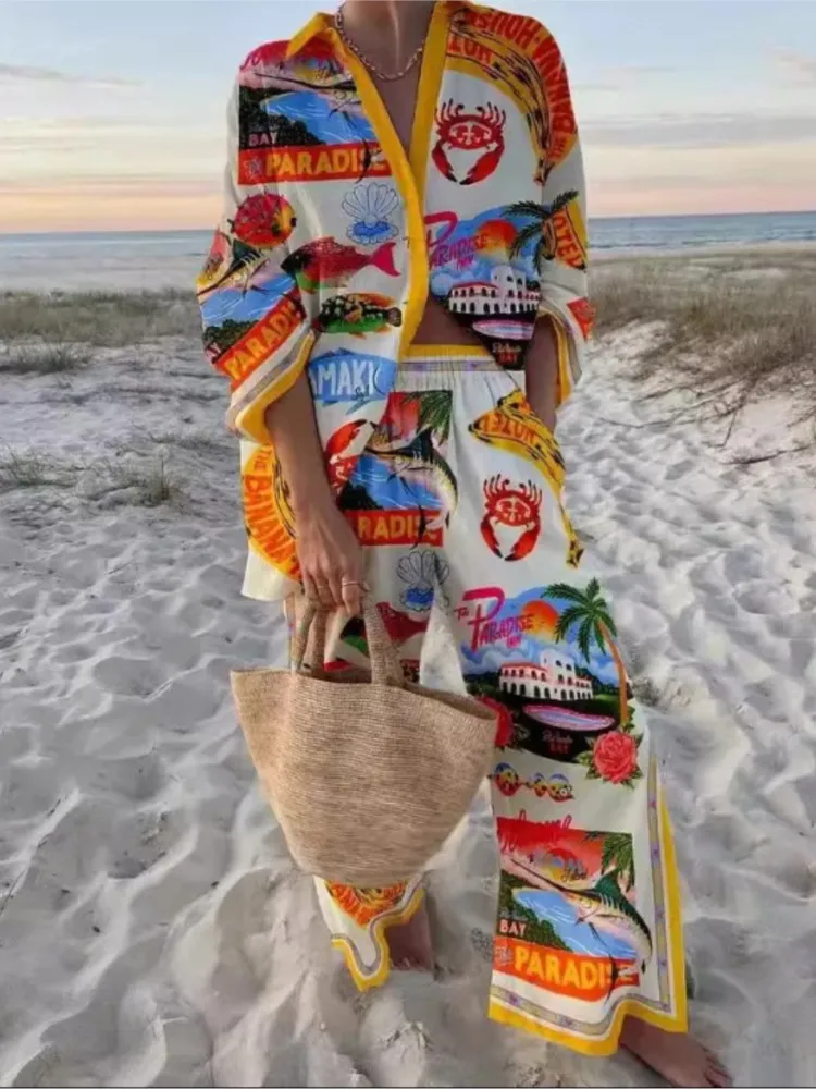 Fashion Casual Print Beach Holiday 2-Piece Sets 2025 Summer Long Sleeve Shirt Top + Wide Leg Pant Women's Two-Piece Outfit
Fashion Casual Print Beach Holiday 2-Piece Sets 2025 Summer Long Sleeve Shirt Top + Wide Leg Pant Women's Two-Piece Outfit