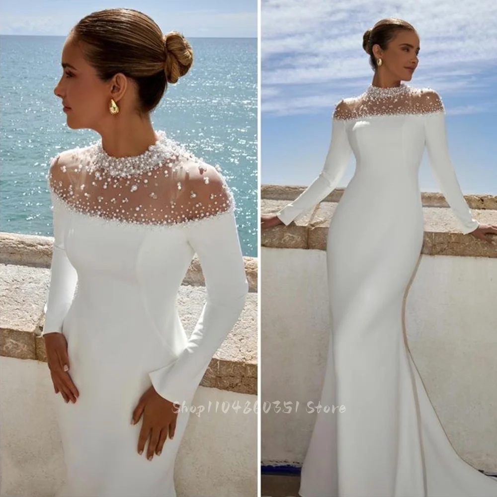 Elegant White Mermaid Wedding Dress Silk Satin with Long Sleeves Pearls Beading customized Vestido De Novia 2025
Elegant White Mermaid Wedding Dress Silk Satin with Long Sleeves Pearls Beading customized Vestido De Novia 2025