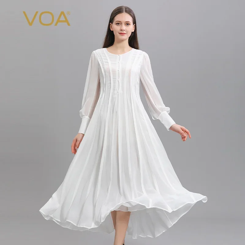 VOA Elegant Embroidered Flares O-Neck Woman Georgette Silk Party Dress Autumn Office Ladies Long Sleeves White Dresses AE1198
VOA Elegant Embroidered Flares O-Neck Woman Georgette Silk Party Dress Autumn Office Ladies Long Sleeves White Dresses AE1198