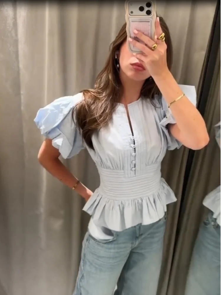 Light Blue Puff Sleeve Peplum Fashion Top Women's Cute Notch Neck Pleated Waist Babydoll Top 2026 Women's Casual Daily Tops
Light Blue Puff Sleeve Peplum Fashion Top Women's Cute Notch Neck Pleated Waist Babydoll Top 2026 Women's Casual Daily Tops