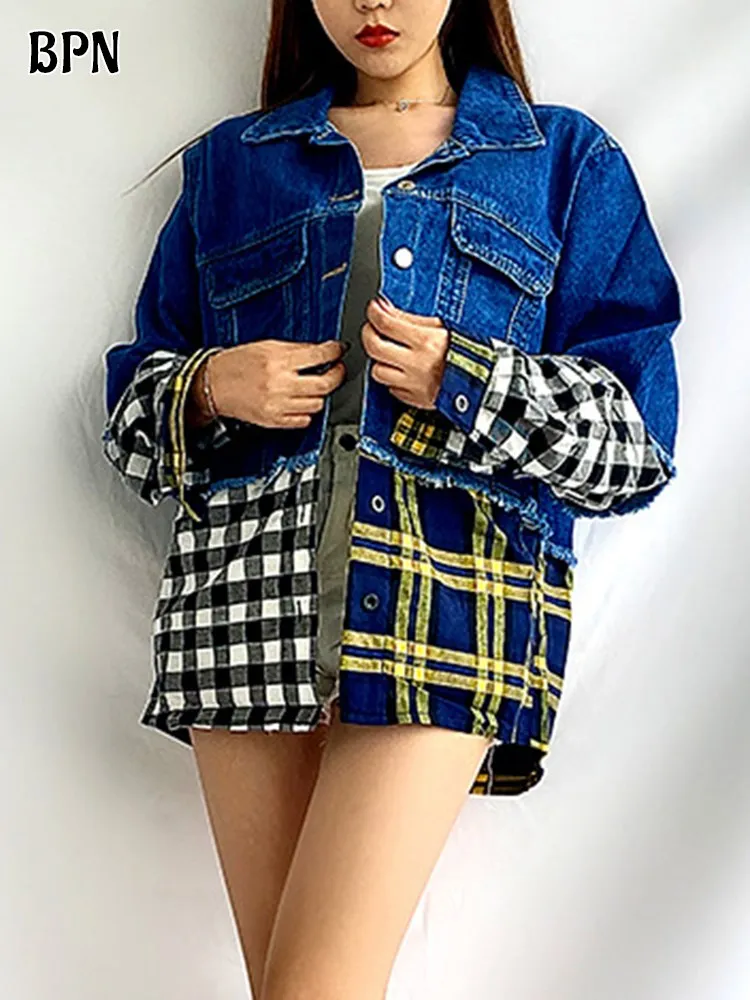 BPN Hit Color Plaid Patchwork Denim Jacket For Women Lapel Long Sleeve Single Breasted Casual Loose Coat Female Clothes Autumn
BPN Hit Color Plaid Patchwork Denim Jacket For Women Lapel Long Sleeve Single Breasted Casual Loose Coat Female Clothes Autumn