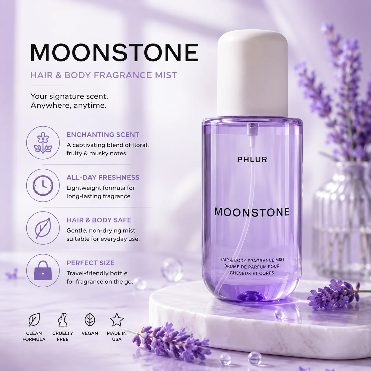 PHLUR Moonstone Hair & Body Fragrance Mist - Long Lasting Floral Woody Scent - Purple Bottle Perfume Spray For Women
PHLUR Moonstone Hair & Body Fragrance Mist - Long Lasting Floral Woody Scent - Purple Bottle Perfume Spray For Women