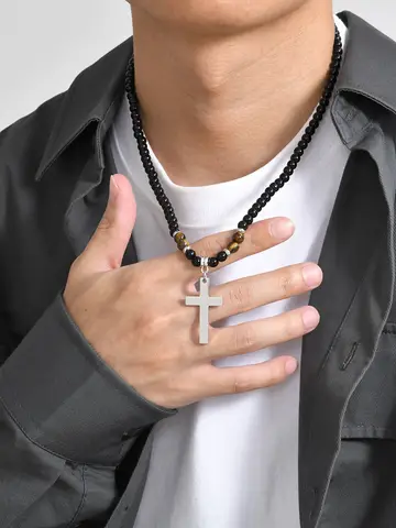 Collares con colgante de cruz para hombre, collar de cuentas negras de ojo de tigre impermeable, regalo de fiesta de cumpleaños del Día del Padre para él