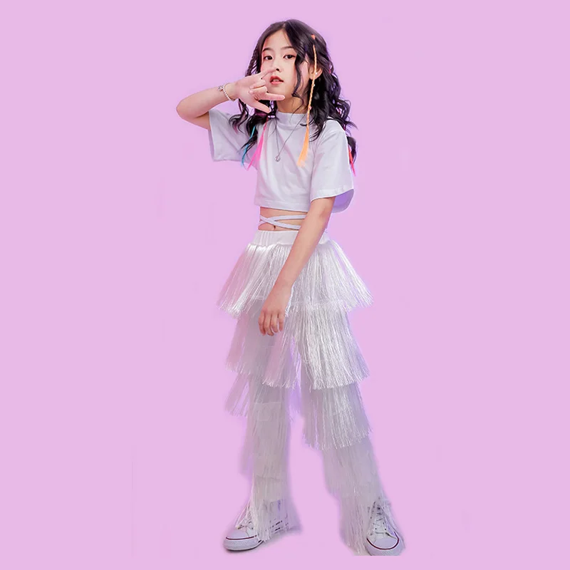Kid Kpop Hip Hop Clothing White Lace Up Crop Top T Shirt Streetwear Fringed Pants for Girl Jazz Dance Costume Clothes Set
Kid Kpop Hip Hop Clothing White Lace Up Crop Top T Shirt Streetwear Fringed Pants for Girl Jazz Dance Costume Clothes Set
