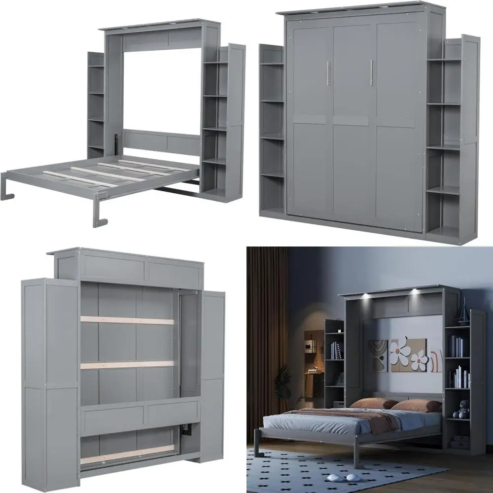 Queen Size Murphy Bed, Wooden Wall Bed with Shelves and LED Lights, Gray
Queen Size Murphy Bed, Wooden Wall Bed with Shelves and LED Lights, Gray