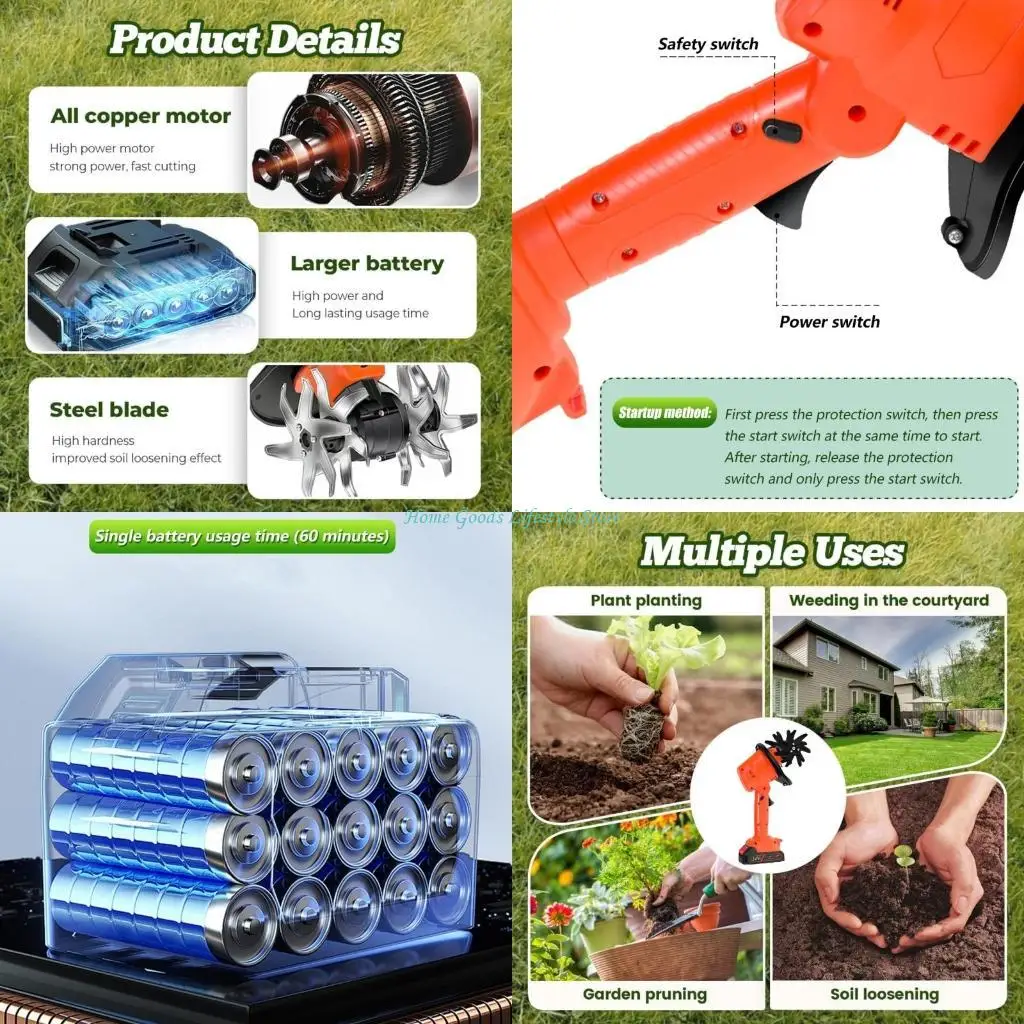E74E Cordless Mini Tiller 21V 235rpm Garden Cultivator With 4 Rows of Tines 2x1.5Ah Batteries Chargers For Soil Root
E74E Cordless Mini Tiller 21V 235rpm Garden Cultivator With 4 Rows of Tines 2x1.5Ah Batteries Chargers For Soil Root