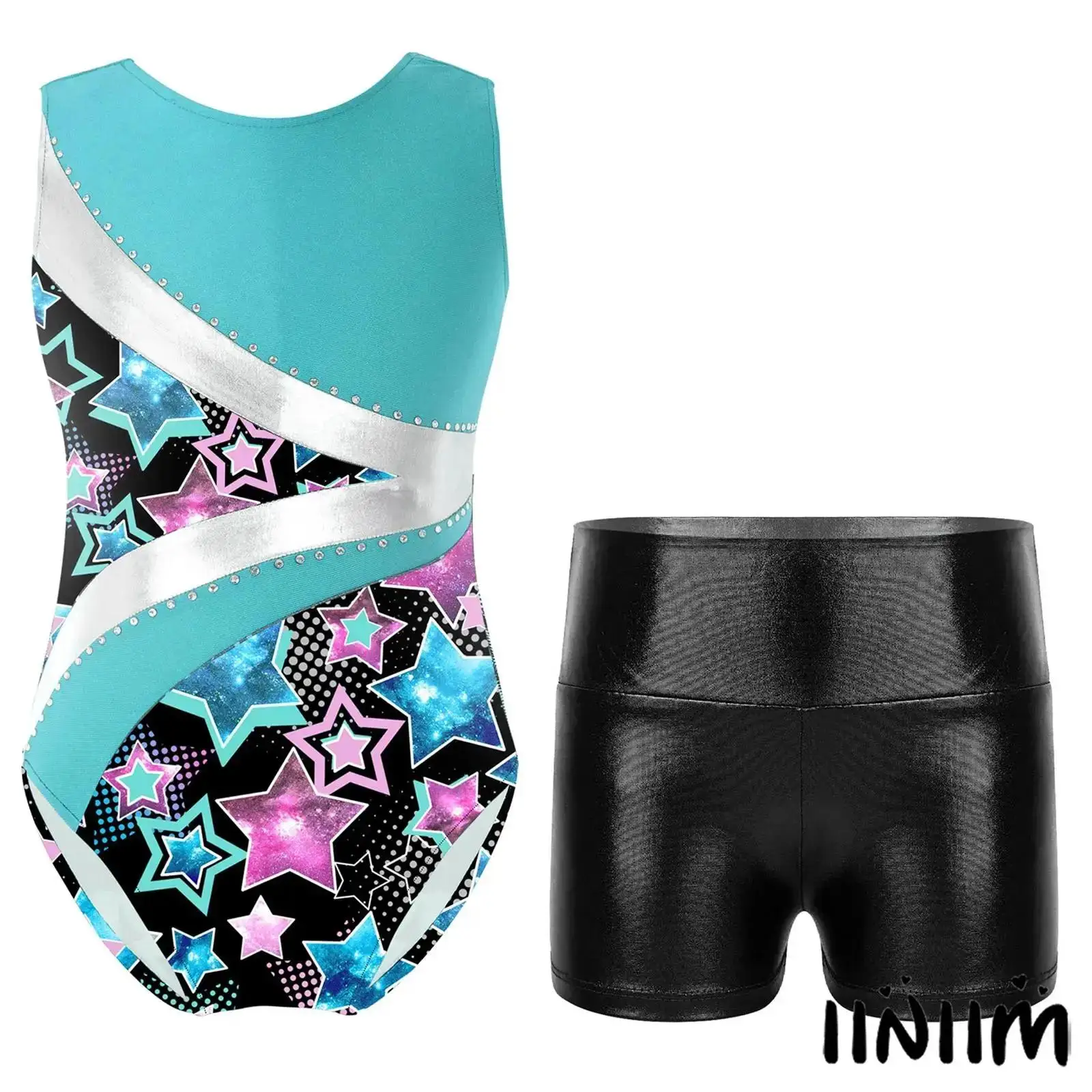 Kids Girls Gymnastics Set Sleeveless Round Neckline Shiny Rhinestone Patchwork Leotard with High Waist Shorts Stage Performance
Kids Girls Gymnastics Set Sleeveless Round Neckline Shiny Rhinestone Patchwork Leotard with High Waist Shorts Stage Performance