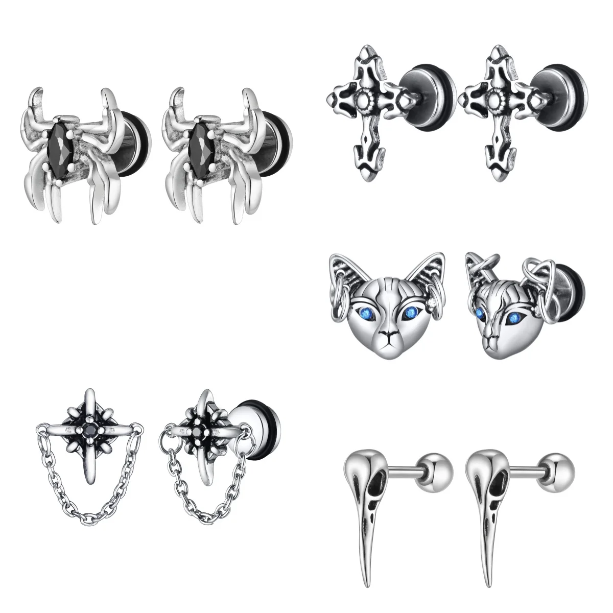 Spider/Cross/Cat/Crow/Four-pointed Star Stud Earrings for Unisex Unique Design Punk Personality Earrings Enamel Fashion Jewelry
Spider/Cross/Cat/Crow/Four-pointed Star Stud Earrings for Unisex Unique Design Punk Personality Earrings Enamel Fashion Jewelry