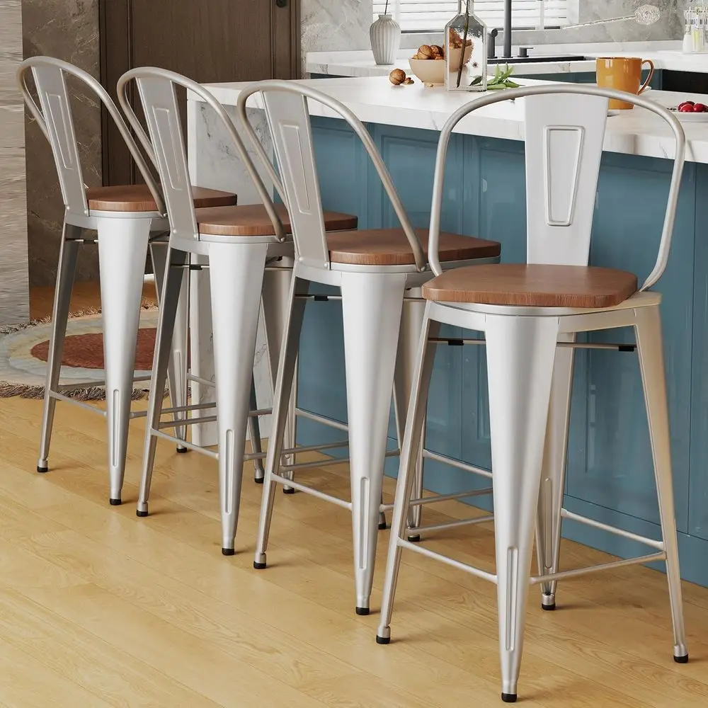 Set of 4 Industrial Style Swivel Metal Bar Stools with High Back and Large Wooden Seats - Silver
Set of 4 Industrial Style Swivel Metal Bar Stools with High Back and Large Wooden Seats - Silver