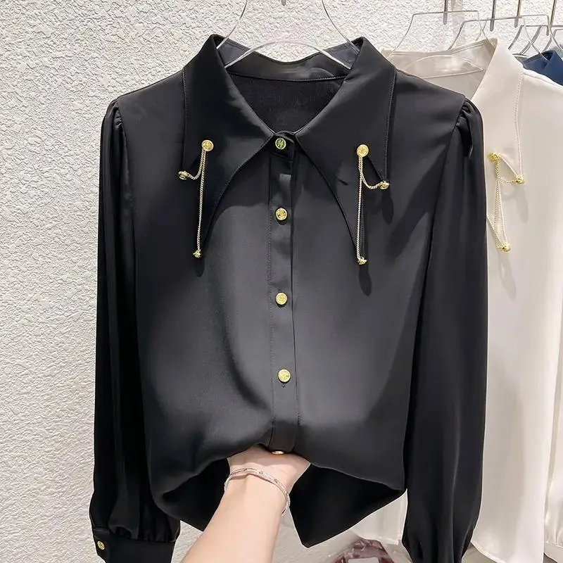 2024 New French Style Temperament Slimming Solid Color Polo Collar Chain Bead Long Sleeve Chiffon Shirt Women's Autumn Top
2024 New French Style Temperament Slimming Solid Color Polo Collar Chain Bead Long Sleeve Chiffon Shirt Women's Autumn Top