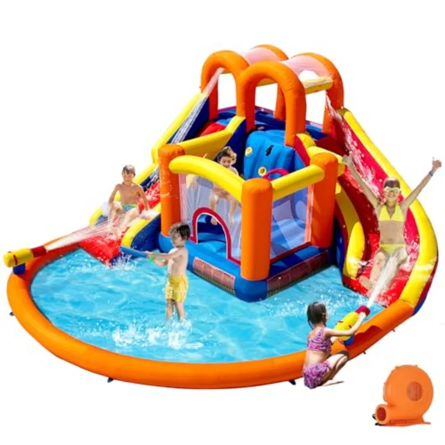 Backyard water park for kids 3-12: inflatable double slides and bounce house PVC material blue-green color dual-slide splash fu
Backyard water park for kids 3-12: inflatable double slides and bounce house PVC material blue-green color dual-slide splash fu