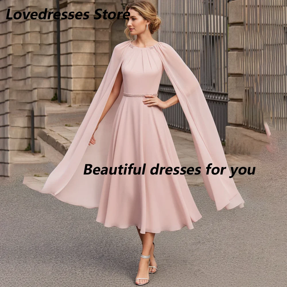 Customized Dusty Pink Chiffon Cape Sleeve Mother of Bride Dresses, Round Neck Beaded Belt Midi Wedding Guest Formal Gown
Customized Dusty Pink Chiffon Cape Sleeve Mother of Bride Dresses, Round Neck Beaded Belt Midi Wedding Guest Formal Gown