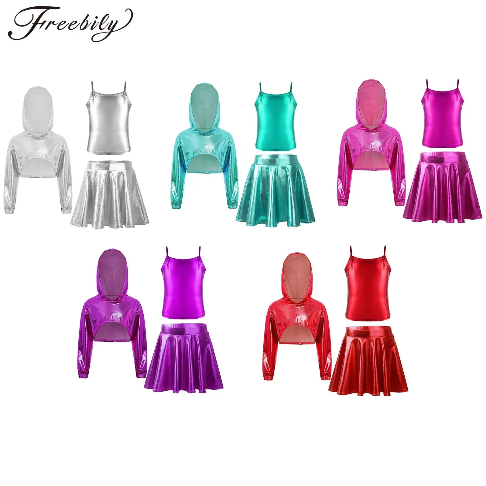 Kids Girls 3pcs Metallic Hip-hop Jazz Dance Outfit Long Sleeve Hooded Crop Tops And Spaghetti Straps Vest Flared Skirt Set
Kids Girls 3pcs Metallic Hip-hop Jazz Dance Outfit Long Sleeve Hooded Crop Tops And Spaghetti Straps Vest Flared Skirt Set