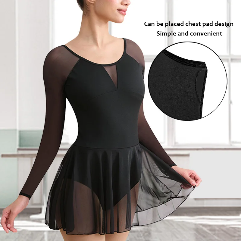 Women Long Sleeve Ballet Dance Leotard Tops for Adult Dance Skirted with V-shape Mesh Splice and Full Front Lining Ballet Dress
Women Long Sleeve Ballet Dance Leotard Tops for Adult Dance Skirted with V-shape Mesh Splice and Full Front Lining Ballet Dress