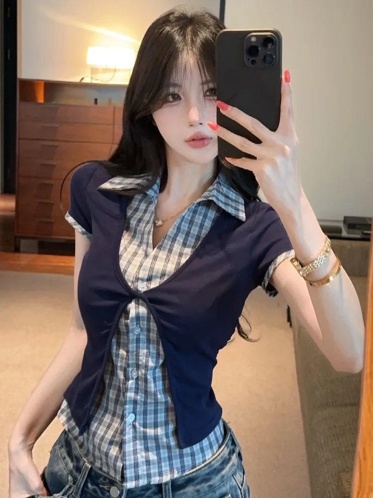 Retro Plaid Color Block Short Sleeve T-Shirt Women's Slim Fit Summer Hot Girl Shoulder Length Top Fake Two-Piece Cotton Polye...
Retro Plaid Color Block Short Sleeve T-Shirt Women's Slim Fit Summer Hot Girl Shoulder Length Top Fake Two-Piece Cotton Polye...