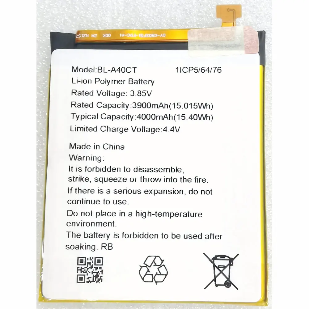 3.85V 3900mAh BL-A40CT Replacement Mobile Phone Battery 1ICP5/64/76
3.85V 3900mAh BL-A40CT Replacement Mobile Phone Battery 1ICP5/64/76
