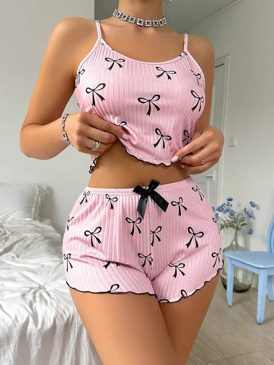Pink Bow Print Ribbed Camisole And Shorts Pajama Set For Women
Pink Bow Print Ribbed Camisole And Shorts Pajama Set For Women
