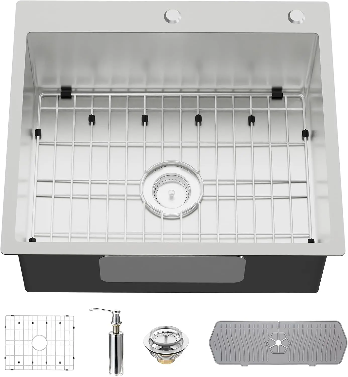 25x22 Inch Stainless Steel Drop-In Sink with Grid, Mat, Drain Strainer
25x22 Inch Stainless Steel Drop-In Sink with Grid, Mat, Drain Strainer