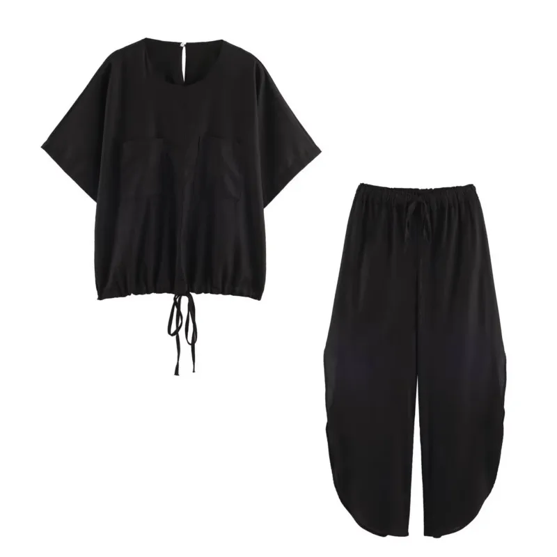 Women's Pants Set New 2026 Summer O-Neck Short Sleeve Top with Drawstring Elastic Waist Vents Trousers Two Piece Female Outfit
Women's Pants Set New 2026 Summer O-Neck Short Sleeve Top with Drawstring Elastic Waist Vents Trousers Two Piece Female Outfit