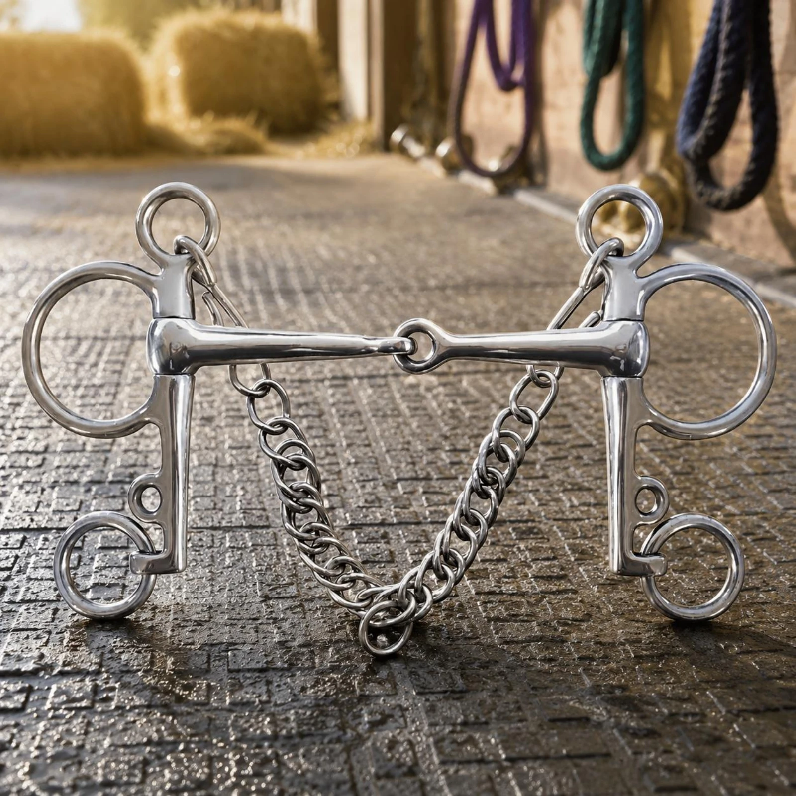 Pelham Bit with Curb Chain Large Rings Stainless Steel Pelham Bit