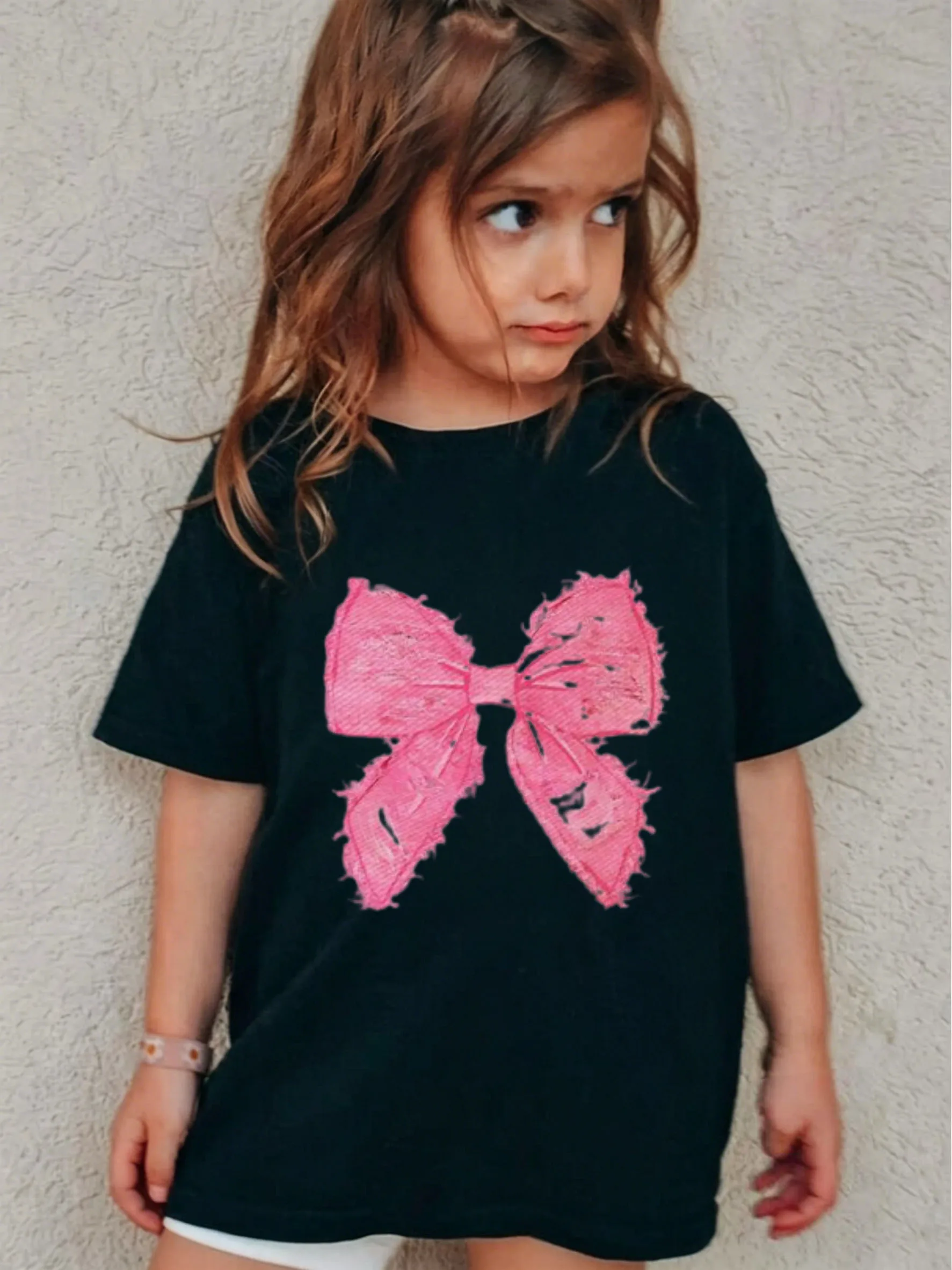 Girls' Raw Edge Pink Big Bow Short-Sleeve T-Shirt, Sweet Cool Y2K Denim Pattern Bow Kids Top
Girls' Raw Edge Pink Big Bow Short-Sleeve T-Shirt, Sweet Cool Y2K Denim Pattern Bow Kids Top