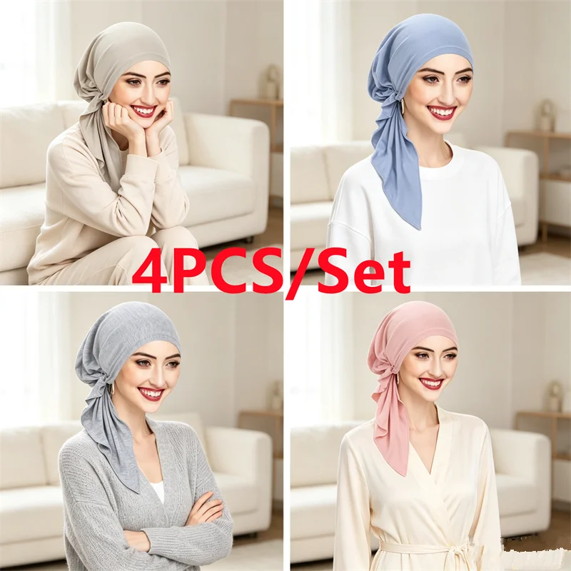 4PCS/Set Stretch Pre-tied Hat Turban Women Chemo Cap Muslim Hijab Headscarf Long Tail HeadWrap Hair Loss Bandanas Turbante Mujer
4PCS/Set Stretch Pre-tied Hat Turban Women Chemo Cap Muslim Hijab Headscarf Long Tail HeadWrap Hair Loss Bandanas Turbante Mujer