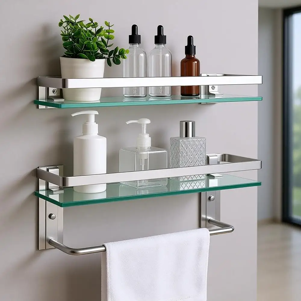 Set of 2 Wall-Mounted Glass Bathroom Shelves with Bar, 15.7 x 4.7 Inches, Hanging Floating Metal Stick Organizer, Rustproof Deco
Set of 2 Wall-Mounted Glass Bathroom Shelves with Bar, 15.7 x 4.7 Inches, Hanging Floating Metal Stick Organizer, Rustproof Deco
