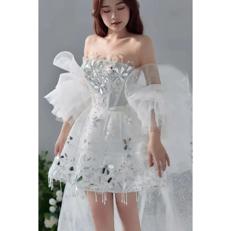 Luxury Handmade Crystal Mirror Beaded Short Prom Dress Women Puff Sleeve Detachable Train Ball Gown Special Occasion Dresses
Luxury Handmade Crystal Mirror Beaded Short Prom Dress Women Puff Sleeve Detachable Train Ball Gown Special Occasion Dresses
