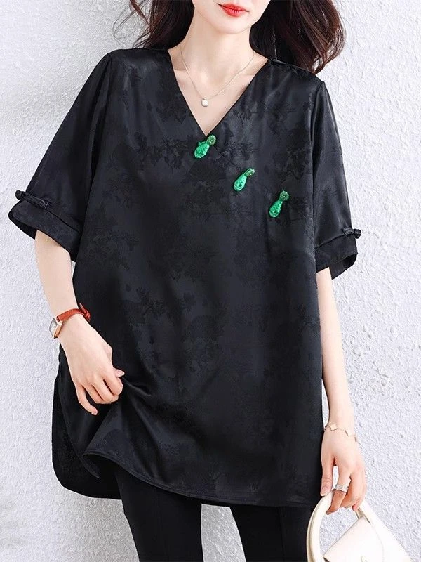 Summer New Chinese Style Large Size T-Shirt V-Neck Button Loose Meat Conceal Slimming Short Sleeve Korean Version Commute Style
Summer New Chinese Style Large Size T-Shirt V-Neck Button Loose Meat Conceal Slimming Short Sleeve Korean Version Commute Style